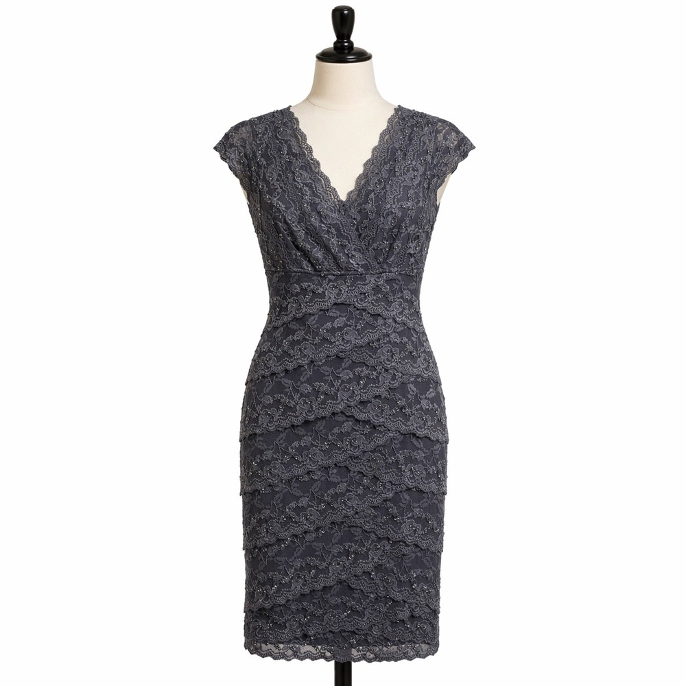 Marina Womens Gray Lace Sequin Tiered V-Neck Cocktail Sheath Dress‎ Size 6